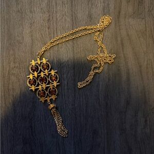 Vintage Gold Tone Amber Stone Tassel Necklace